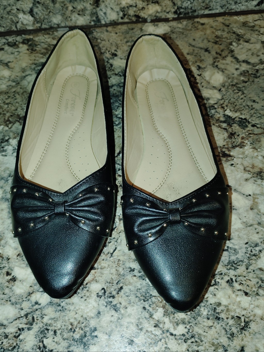 Fergie Black Pointed Bow-Trim Studded Flats